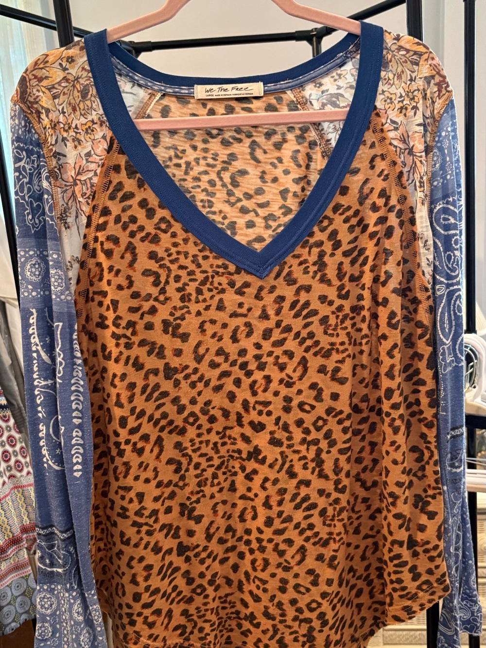 We The Free Leopard Print V-Neck long sleeve tee with Blue Bandana Sleeves - Picture 2 of 3